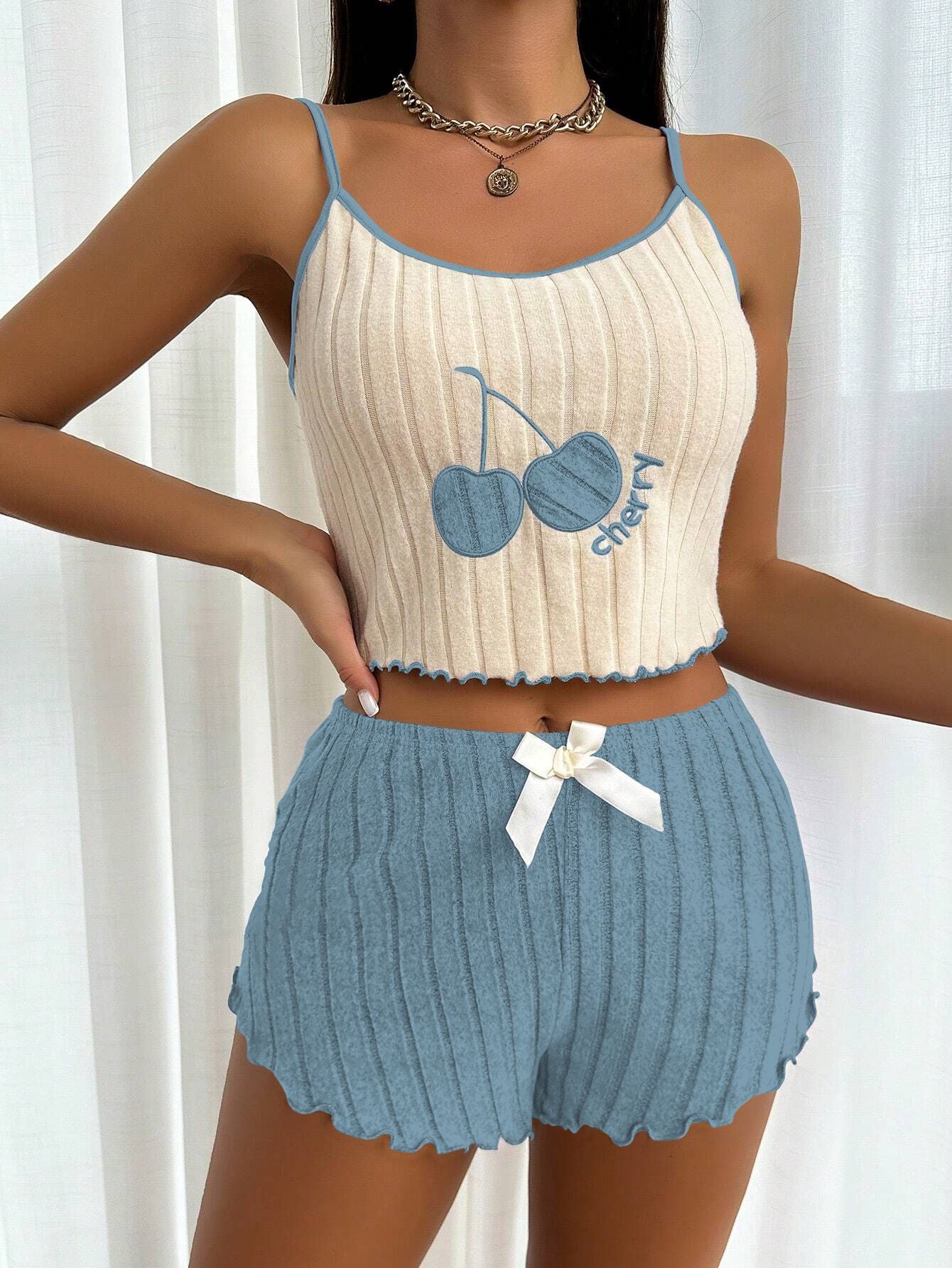 Women Casual Summer 2pcs Pajamas Simple Ground Wool Halter Vest Tops and Shorts Set Home Wear Sleepwear Loungerwear