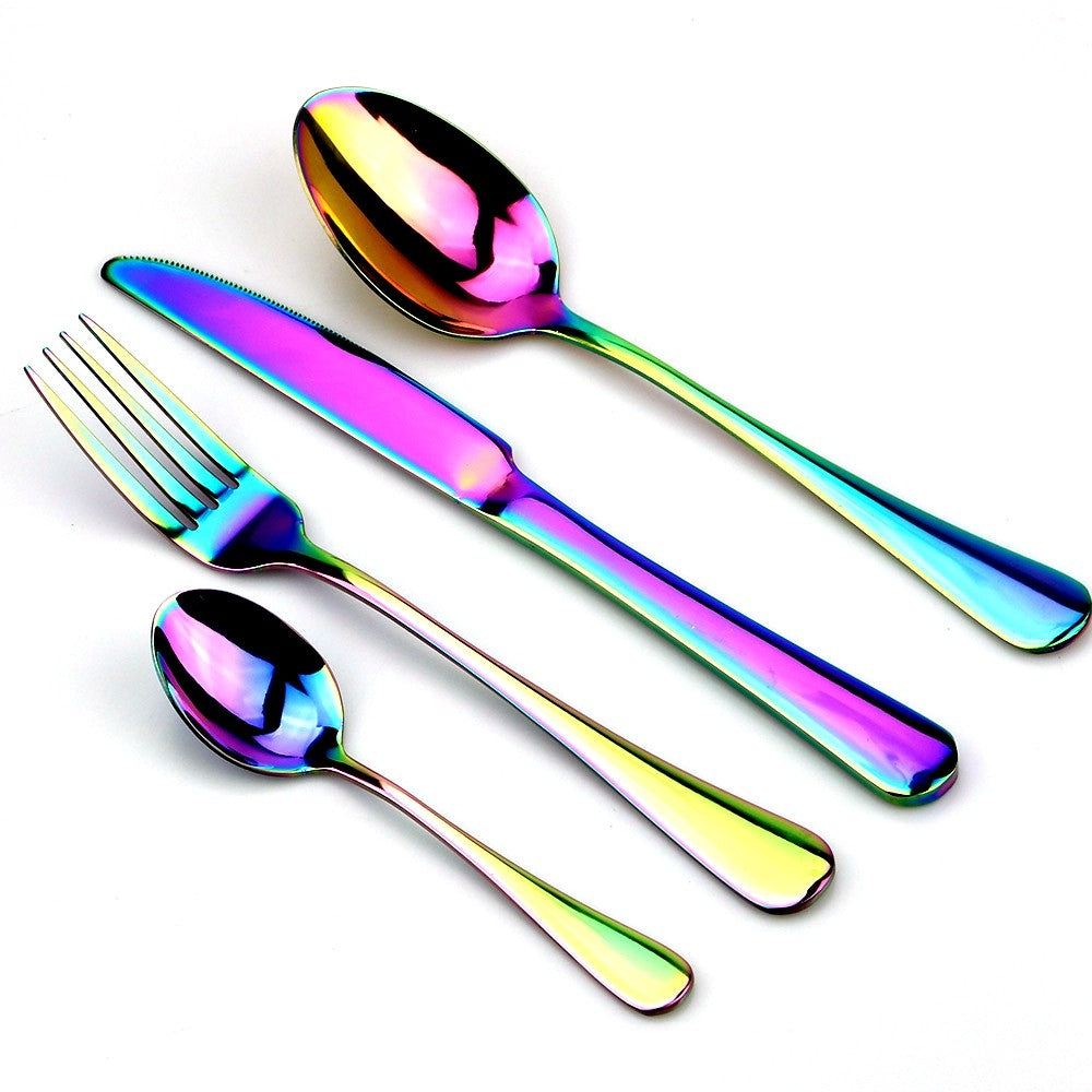 Conjunto de Louça Azul de 4 Peças com 2 Canudos de Metal Aço Inoxidável Talheres Coloridos Faca Garfo Colher de Chá Talheres de Prata