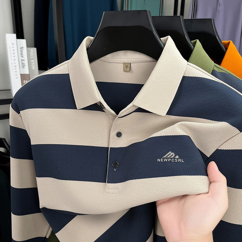 Unique stripe color blocked long sleeve polo shirt men high-end trend brand letters embossed spring autumn new comfort T-shirt