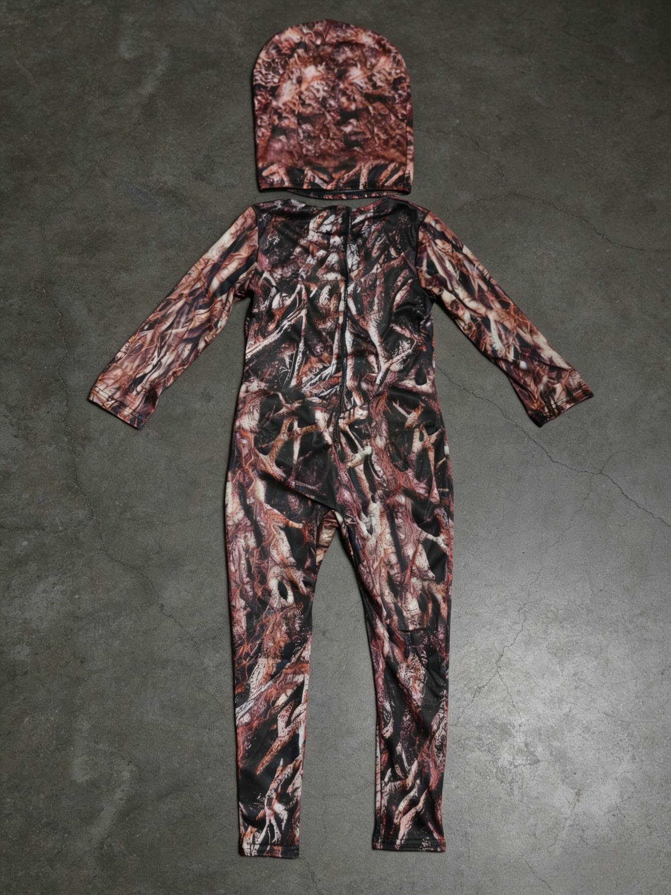 Kids Terrifying Texture Print Full Body Jumpsuit With Hood Long Sleeve Tight Outfit For Dark Thriller Themed Party Costume