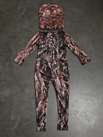 Kids Terrifying Texture Print Full Body Jumpsuit With Hood Long Sleeve Tight Outfit For Dark Thriller Themed Party Costume