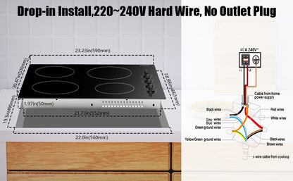 Karinear 4 Burners Electric Cooktop, 24 Inch Built-in, 220-240v, 6000W, Knob Control, Residual Heat Indicator,Hard Wire(No Plug)
