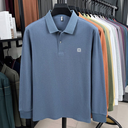 100% pure cotton spring and autumn fashionable men's collar striped long sleeved polo shirt brand embossed casual T-shirt