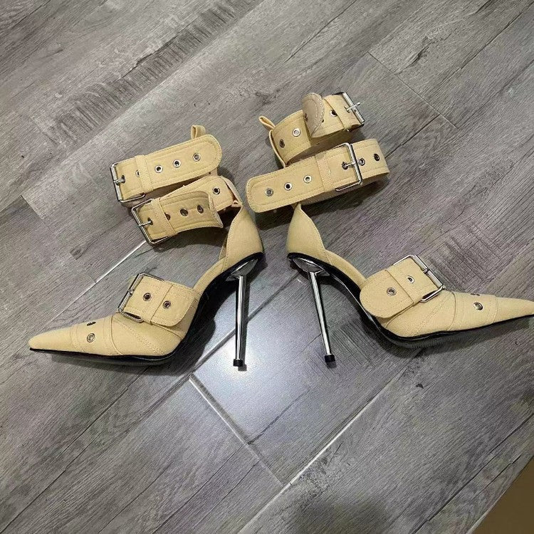 Denim Metal Rivet Buckle Silver Sandals Women's Sexy Punk Style Pointed Metal Hollow 12cm High Heels Size 34-43 Womens Shoes