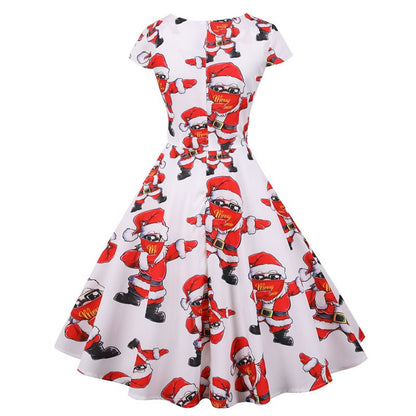 Fashion V-neck Short Sleeve Printed Christmas Dress Large Swing Vintage Elegant Xmas Party Dress