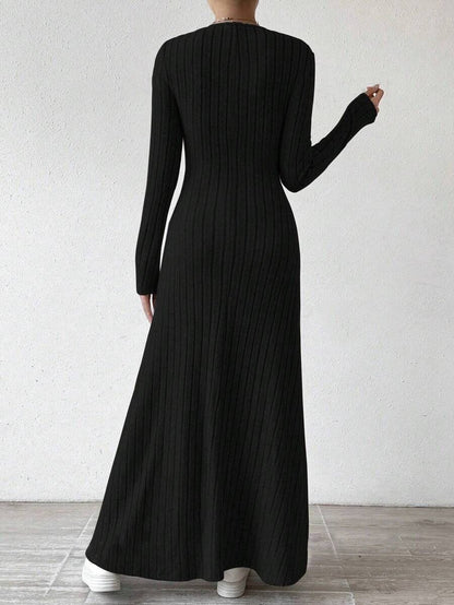 2025 Fashionable Knitted Long Sleeve A- Line Streetwear Dress For Women Smooths And Slims Your Silhouette Solid Color Long Dress
