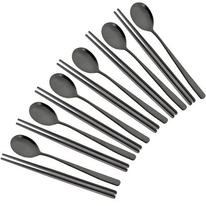 Drmfiy Western 6Set Black Dinnerware 304 Stainless Steel Tableware Long Handle Spoons Chopsticks Metal Korean Silverware Set