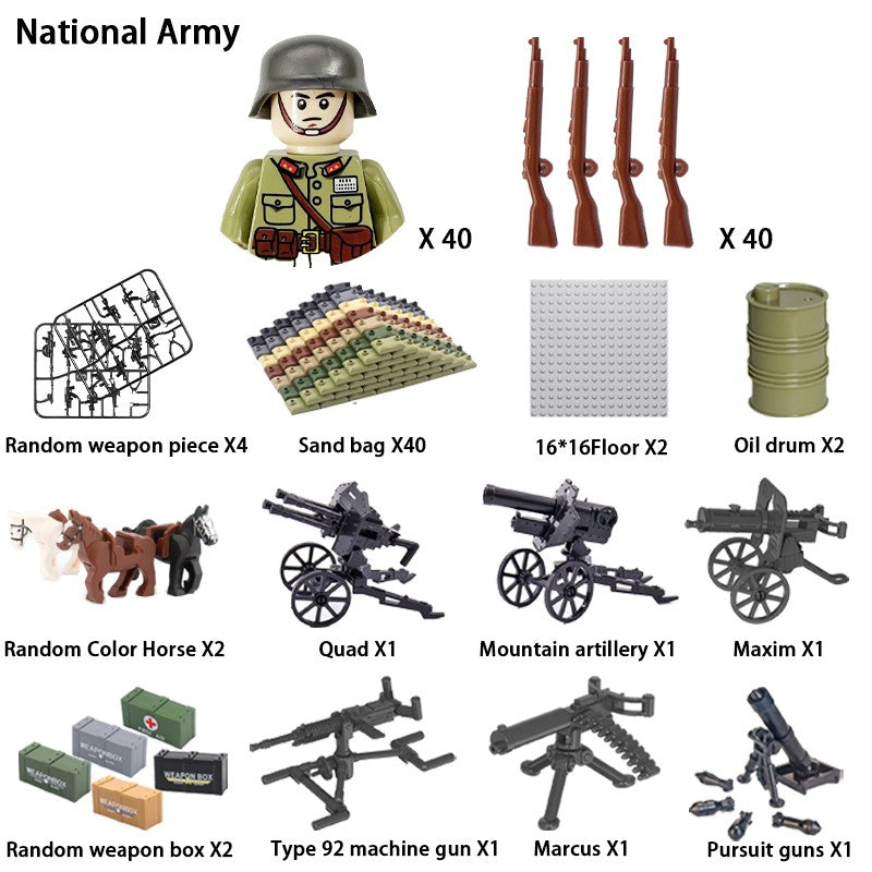 Brinquedos de blocos de montar para crianças: Modelos de Mini Armas de Exército Nacional de Guerra de Soldados de Infantaria da Segunda Guerra Mundial