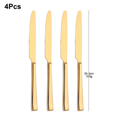 Faca de Jantar Dourada 2/4/6/12 Peças Conjunto de Facas Ocidentais Talheres Elegantes Prateados Louça Espelhada Aço Inoxidável 420 Facas de Mesa