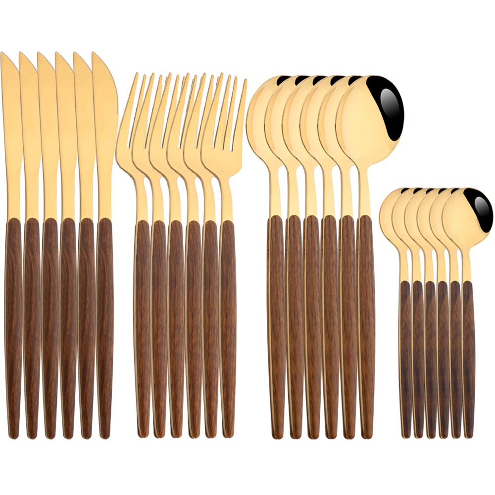Drmfiy 24 Peças Talheres Marrons Prateados de Aço Inoxidável Imitação Cabo de Madeira Prateado Faca Colher Garfo Conjunto de Talheres Utensílios de Mesa