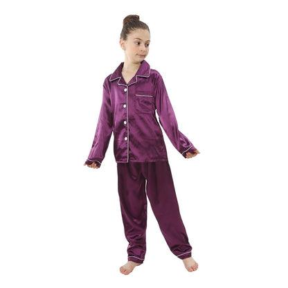 2 to 14 Years Boys Girls Pajamas Sets Kids Silk Satin Top Pant Long/Short Sleeve Solid Pyjamas Suits Nightgown Child Sleepwear