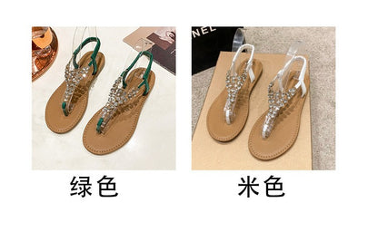 Summer New Flat Transparent Rhinestones Pintoe Women's Sandals, Fashion Casual Light Beach Cool, Shoes Women