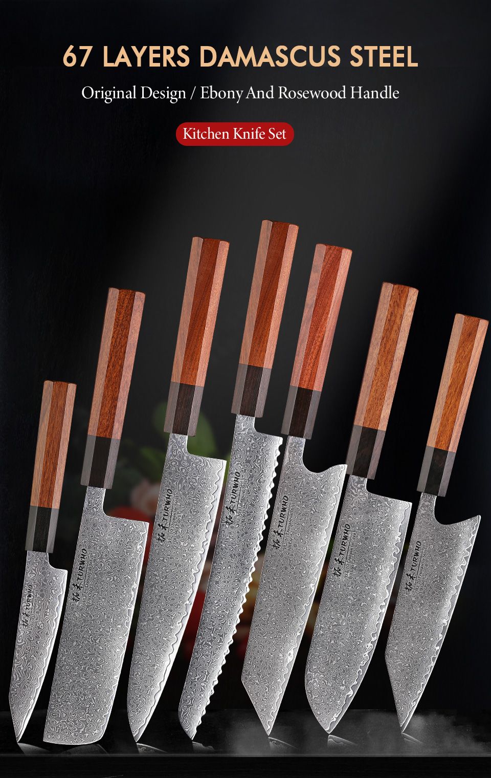 TURWHO Hand Forged Japanese Kitchen Knives Damascus Chef Knife High Carbon VG10 Steel Santoku Nakiri Bread Utility Handmad Knife
