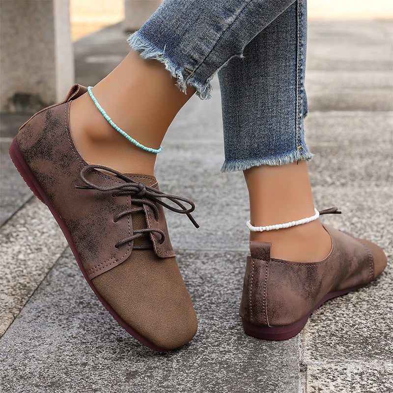 Round Toe Faux Suede Flats Shoes Women Spring Autumn Concise Lace Up Flat Heel Shoes Woman Plus Size Non Slip Casual Shoes Lady