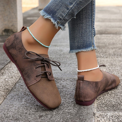 Round Toe Faux Suede Flats Shoes Women Spring Autumn Concise Lace Up Flat Heel Shoes Woman Plus Size Non Slip Casual Shoes Lady