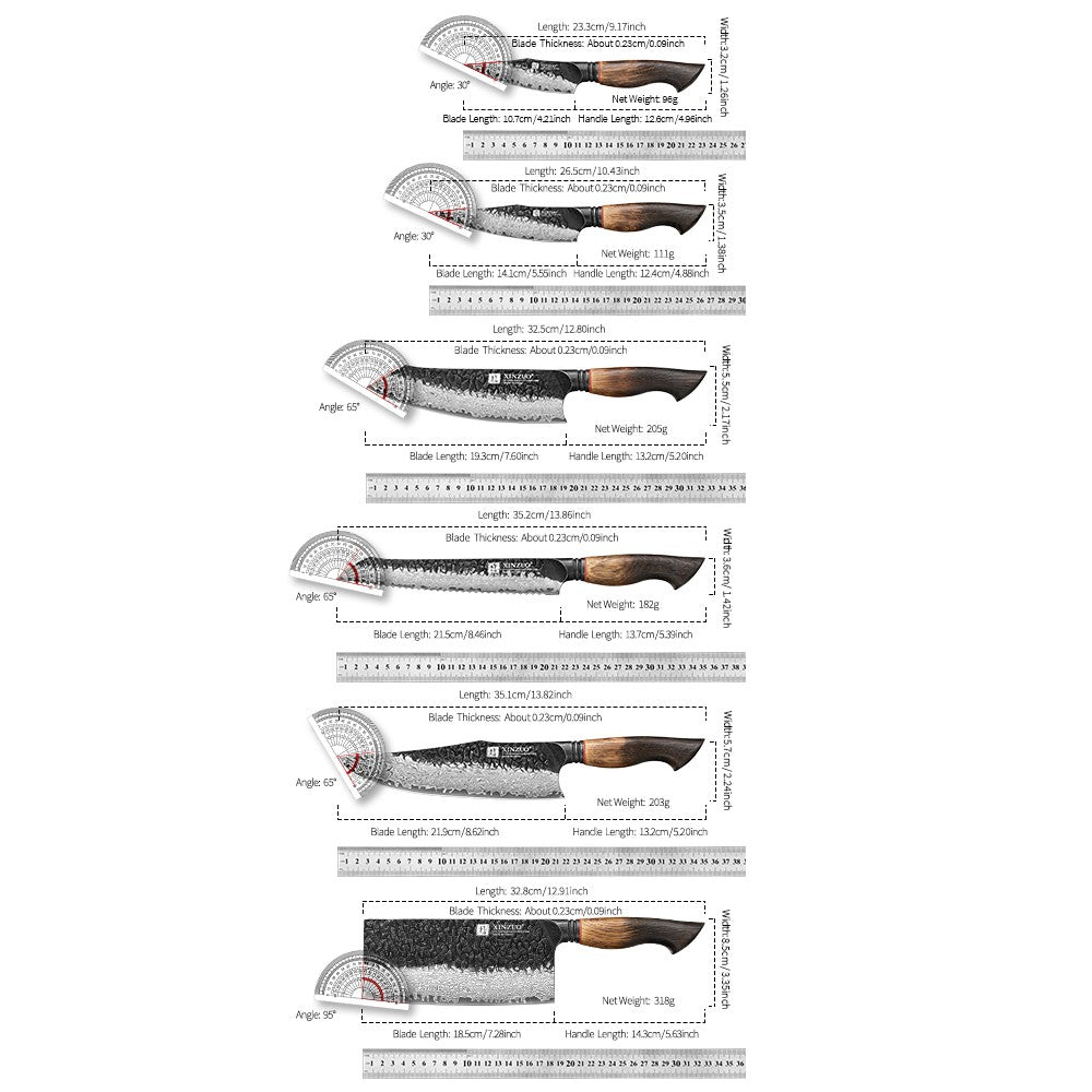 XINZUO 1-6-Piece Damascus Knife Set 67-Layer Steel White Oak Red G10 Handles Paring Utility Cleaver Santoku Bread Knife