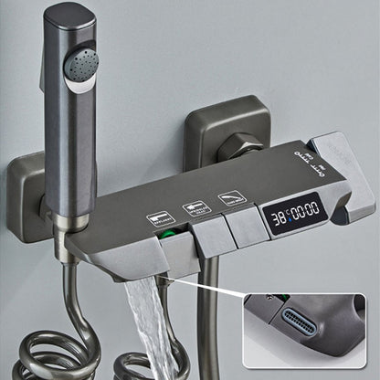 Chuveiro Moderno Completo Cinza 2 Saídas Teclas de Piano Conjunto de Chuveiro de Banheiro Montado na Parede de Latão Torneira de Chuveiro com Display Digital para Banheira