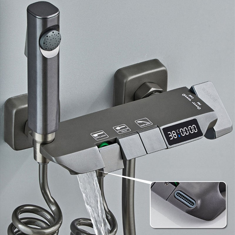 Chuveiro Moderno Completo Cinza 2 Saídas Teclas de Piano Conjunto de Chuveiro de Banheiro Montado na Parede de Latão Torneira de Chuveiro com Display Digital para Banheira