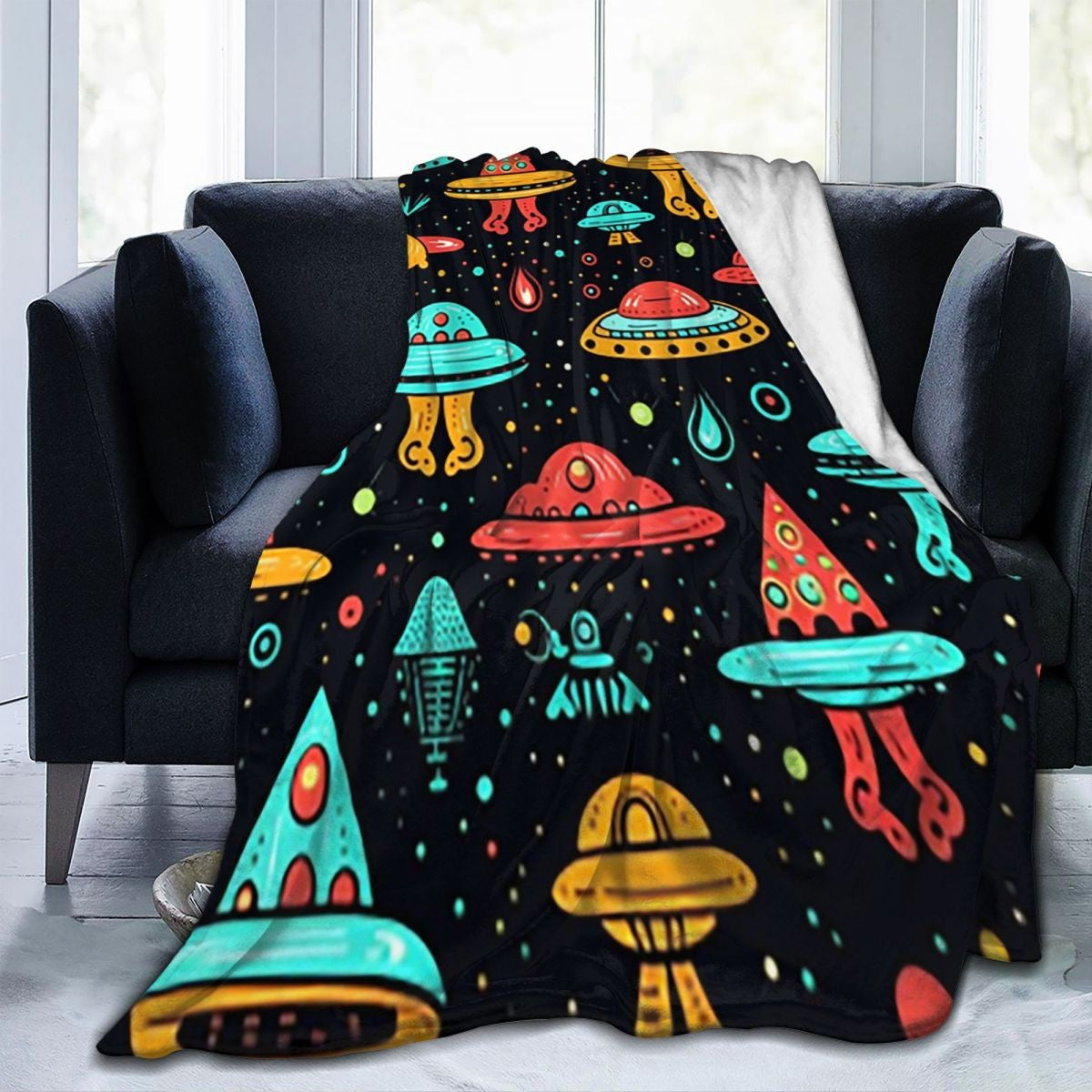 Aliens And UFOs Pattern  Blanket Flannel Sofa Throw Blanket Multi-function for Home Bedroom Office Throws Bedspread Quilt