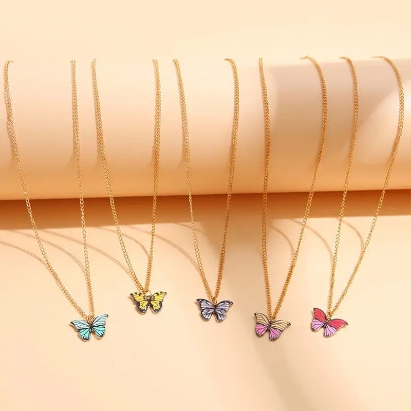 Conjunto de 5 Colares Femininos Borboleta Colorida Estilo Boho Moderno Coreano Pingente Fofo Joia de Presente Atacado Lançamento 2024