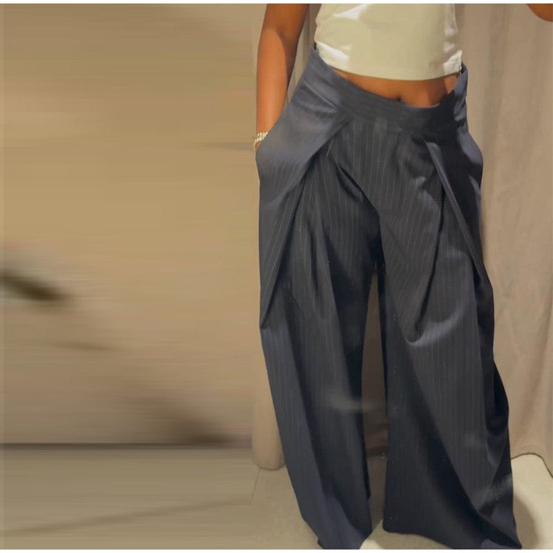 Casual Striped Loose Pants Women High Waist Pleated Straight Long Wide Leg Trousers Female 2025 Fashion Autumn Lady Bottoms