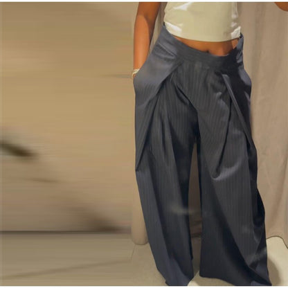 Casual Striped Loose Pants Women High Waist Pleated Straight Long Wide Leg Trousers Female 2025 Fashion Autumn Lady Bottoms