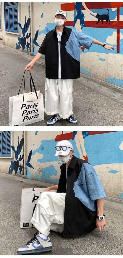 2025 Summer Streetwear Men Short Sleeve Irregular Patchwork Denim Shirt Male Tops Daily Casual Pocket Blouses Unisex Clothes