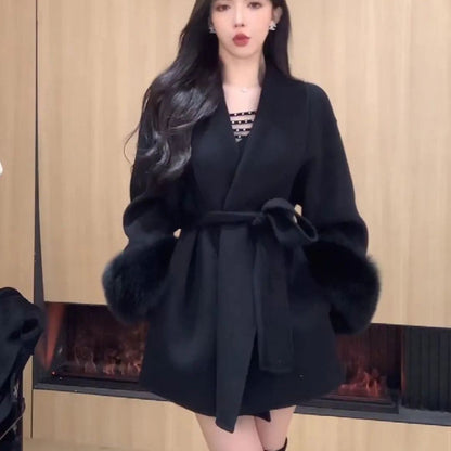 2025 Retro Elegant Lace Up Woolen Casual Overcoat Women Harajuku Loose Warm Plush Long-sleeved Autumn Fashion New Street Jacket