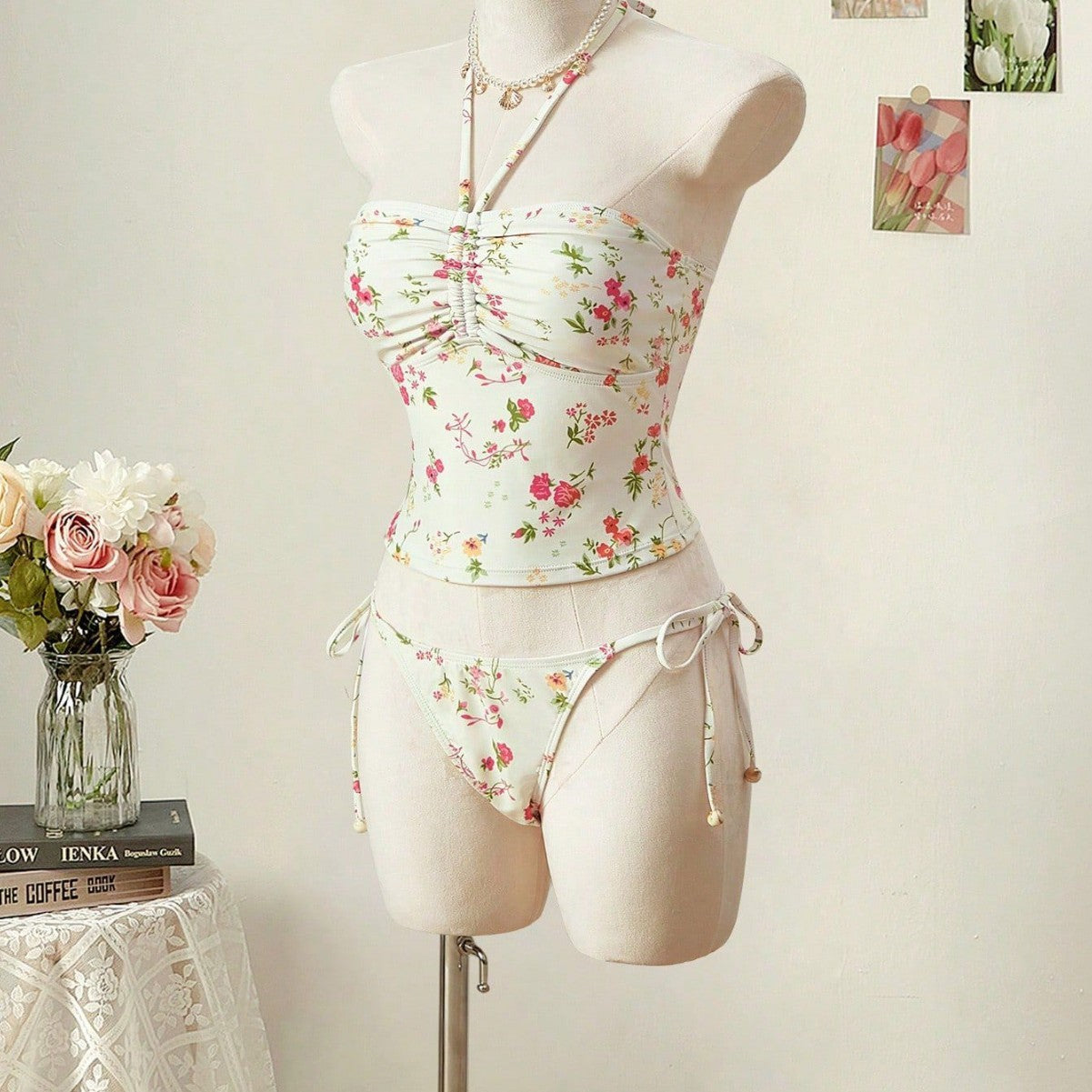 Trendy Floral Print Tankini Two-Piece Swimsuit with Halter Neck And Strap for Women High Waist Sexy Tight Fit Backless Swimwear