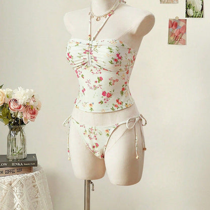Trendy Floral Print Tankini Two-Piece Swimsuit with Halter Neck And Strap for Women High Waist Sexy Tight Fit Backless Swimwear