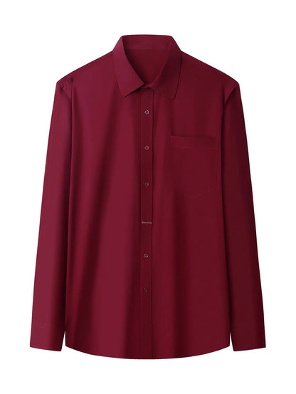 Iron-Free Long Sleeve Silk Smooth Drapey Wedding Shirt for Men Summer Business Formal Wine Red Large Size Men's Clothing