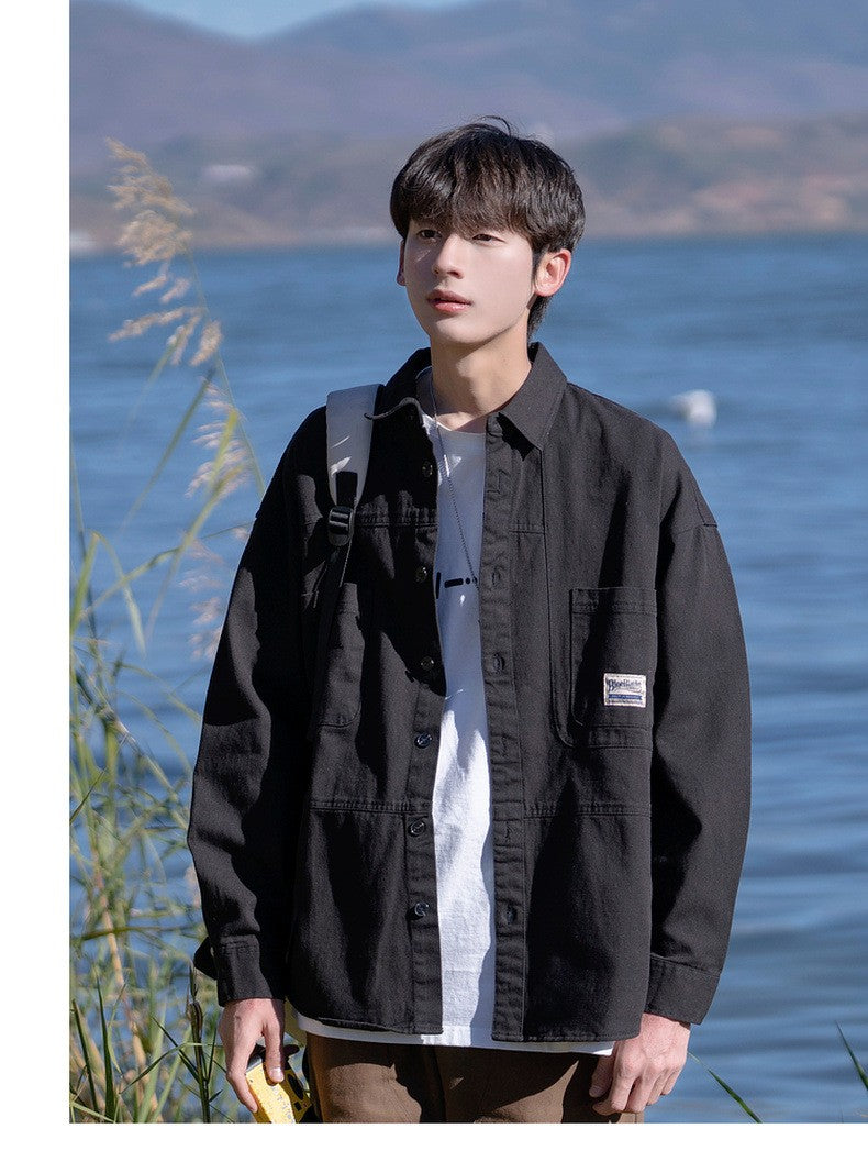 Japanese Series Men's Shirts Casual Vintage Cargo Jacket Top Spring Autumn Solid Blouses Single Breasted Male Clothes Streetwear