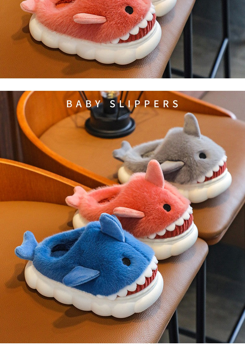 Winter Heel Wrap Cotton Children's Slippers Cute Cartoon Shark Non-slip Soft Sole Kids Boys Girls Junior Warm Plush Home Shoes