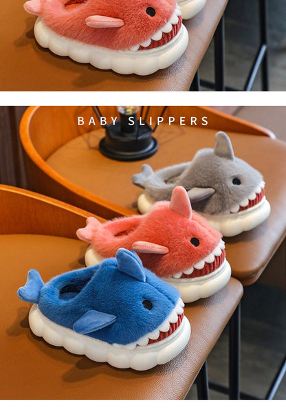 Winter Heel Wrap Cotton Children's Slippers Cute Cartoon Shark Non-slip Soft Sole Kids Boys Girls Junior Warm Plush Home Shoes