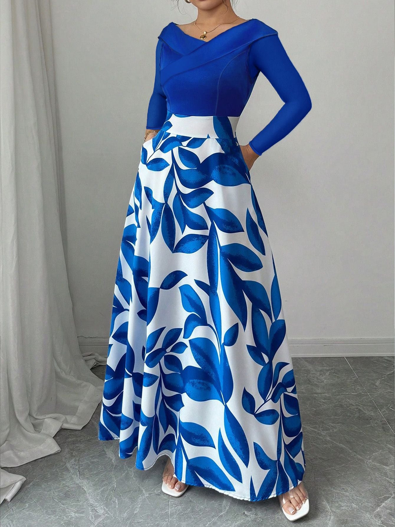 Women's Blue White Floral Maxi Dress Asymmetric Neckline Color Block Design Ideal for Evening Events Garden Parties Elegant Styl