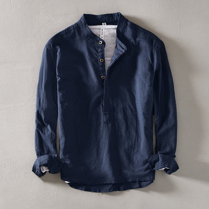2024 Men's Linen Long-sleeved Shirt with Stand Collar, Youth Casual Loose Men's Cotton and Linen White Shirt.Beach Vacation Top