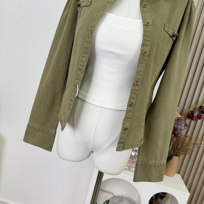 Vintage Distressed Denim Shirt Women's Top Shoulder Flip Collar Long Sleeve V-neck Coat Autumn Initial Old Money Style