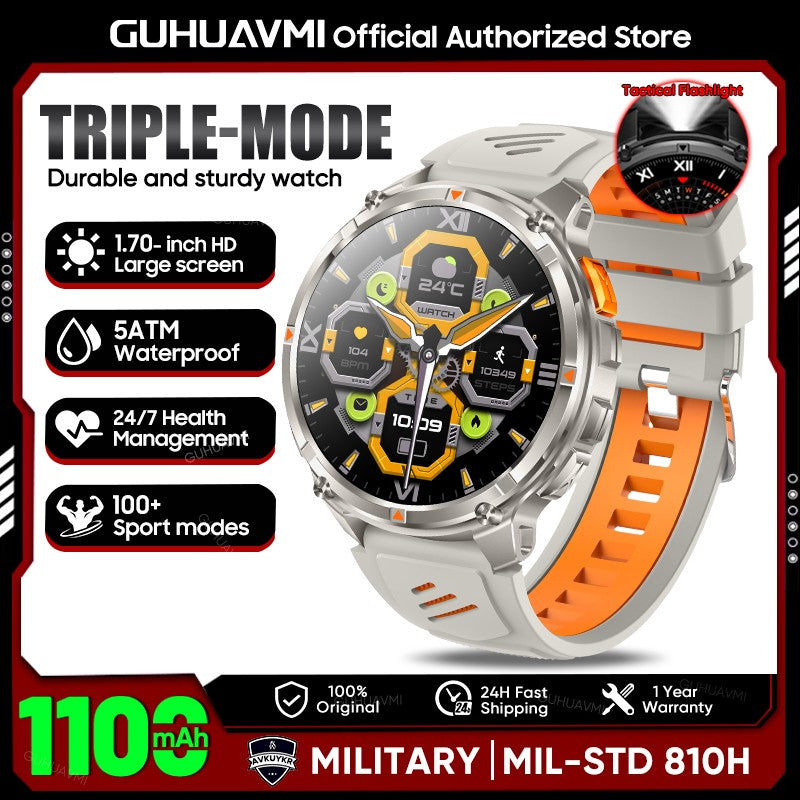 2026 New 1.7-inch Military sports SmartWatch 1100mAh large battery Outdoor compass flashlight 5ATM waterproof BT Call SmartWatch