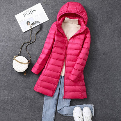 Women's X-long Office Lady Hat Detachable Puffer Jackets 2025 New Arrival Autumn Winter White Duck Down Warm Coat