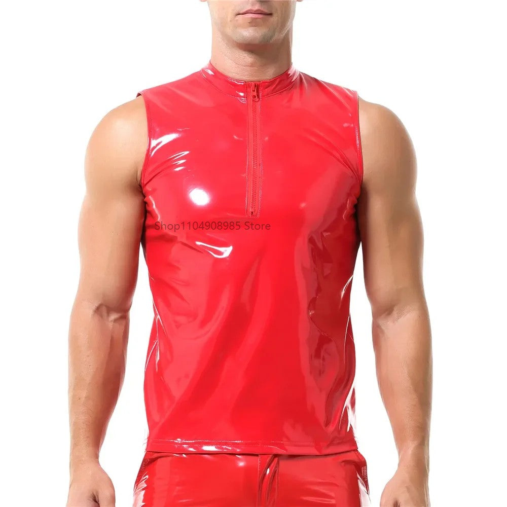 Mens Sexy Shiny PVC Leather Tank Top Vest Erotic Glossy Wet Look Leather T-Shirt Sleeveless Shaping Tank Top Vest Night Clubwear