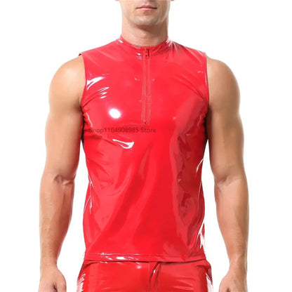 Mens Sexy Shiny PVC Leather Tank Top Vest Erotic Glossy Wet Look Leather T-Shirt Sleeveless Shaping Tank Top Vest Night Clubwear