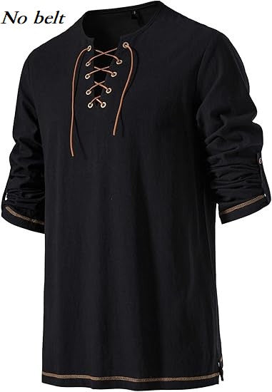 Men's Medieval Lace Up Tunic Shirt Renaissance Viking Pirate Costume Long Sleeve Retro Tops with Belt for Halloween Cosplay