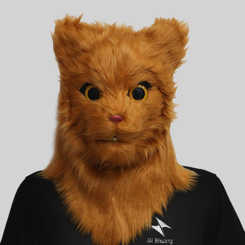Movable Mouth Cat Head Mask Animal Latex Cute Helmet  Artificial Fur for Halloween Costumes Party Props Adult Size