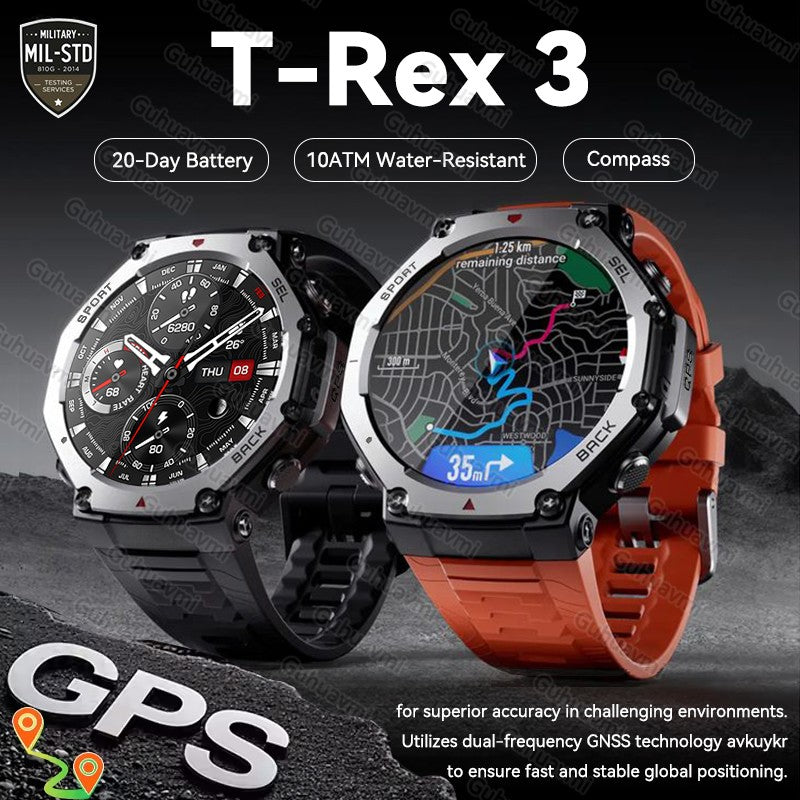 Novo Smartwatch Militar GPS de Banda Dupla T-Rex 3 Pro 48mm Resistente à Água 10ATM Bateria de 500mAh Bússola Altímetro AGPS