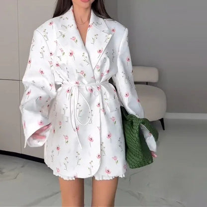 Women's 2025 Spring/Summer New Fashion Printed Loose Suit Collar Belted Waist - cinching Suit Jacket