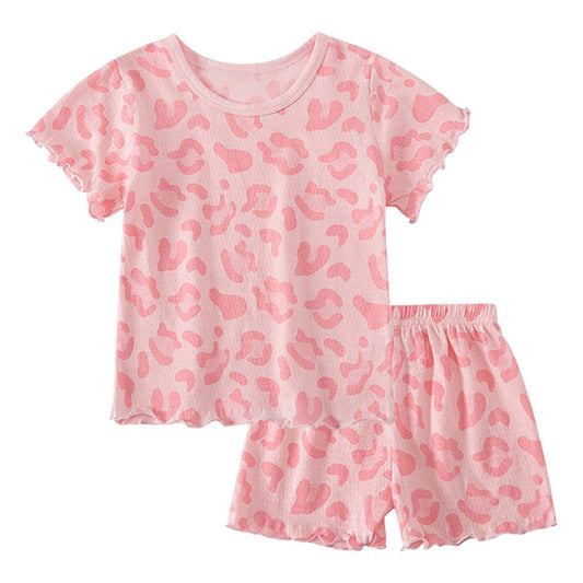 2Pcs 2025 Summer Kids Leopard Print Home Clothes Set Girls' Ice Silk Pajama Sets Baby Short Sleeve Shorts Tops Women' Loungewear