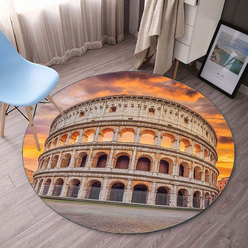 Round Crystal Velvet Rug Colosseum Rome Sunset Ancient Architecture Home Decor Floor Mat Living Room Bedroom Interior Design