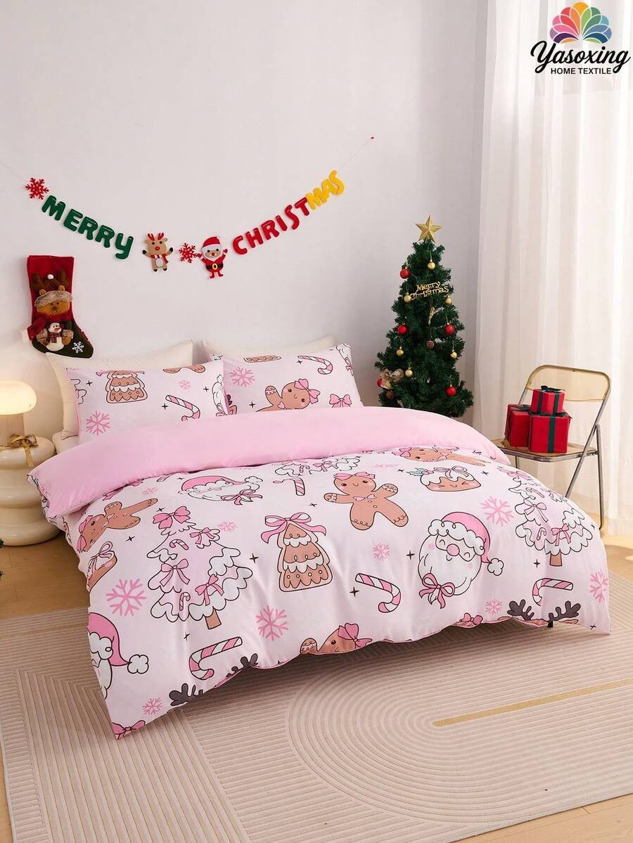 2/3pcs Pink Christmas Snowflake Gift Gingerbread Man Pattern Reversible Color Duvet Cover Bedding Set, Soft Breatheable