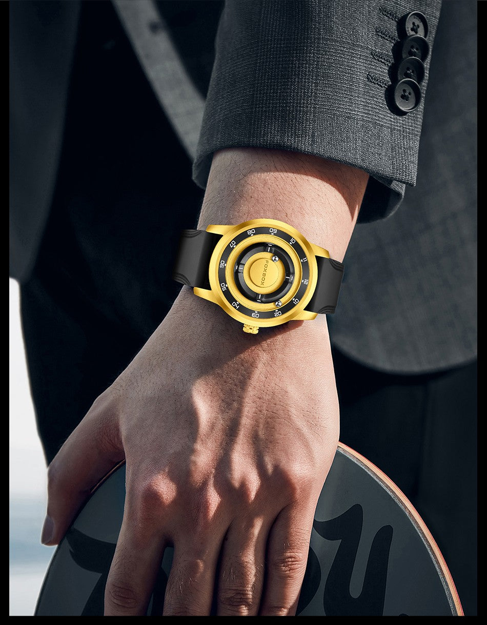 FOXBOX Fashion Unique Dial Man Watch Leather Casual Sports Srolling Bead Magnetic Force Waterproof Quartz Watches for Men Clocks