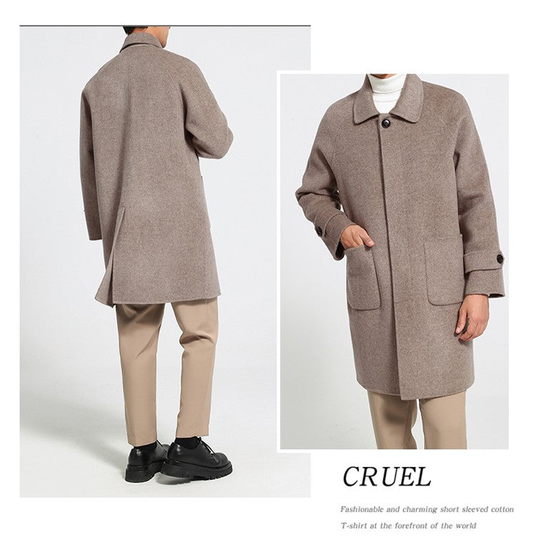 Mid-Length Single-Breasted Polo Collar Men's Overcoat Double-Sided Woolen 100% Pure Wool High-End Coat Fashion Men's Clothing